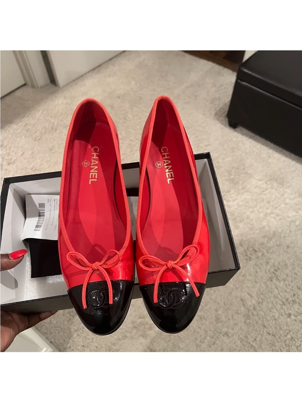 CHANEL Red and Black Patent Cap-Toe Ballet Flats with Bow
